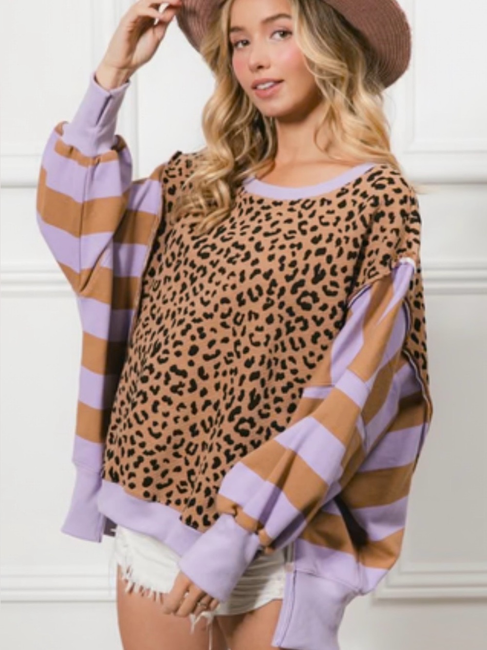 Lavender & Camel Leopard Striped Colorblock Pullover Oversized Sweatshirt Large